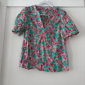 J. Crew Vibrant Green and Pink Floral Blouse